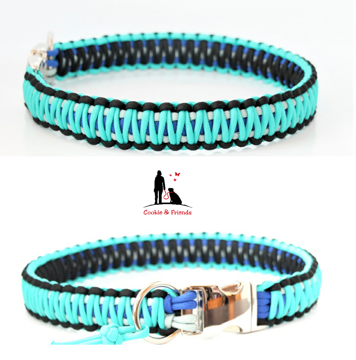 Paracord Halsband King Cobra - Farben: Electric Blue, Schwarz, Silvergrey, Bright Türkis