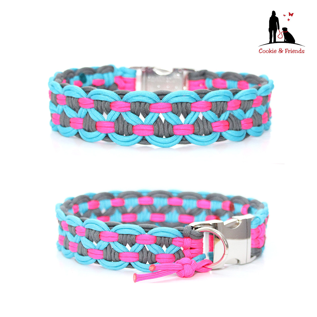 Paracord Halsband Big Wave - Farben: Charcoal Grey, Neon Pink, Türkis