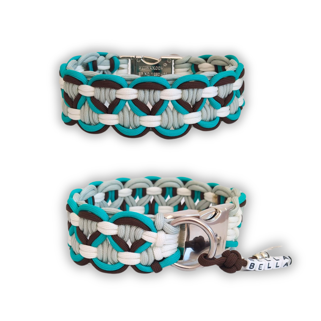 Paracord Halsband Big Wave - Farben: Silvergrey, Weiß, Bright Türkis & Walnut Brown