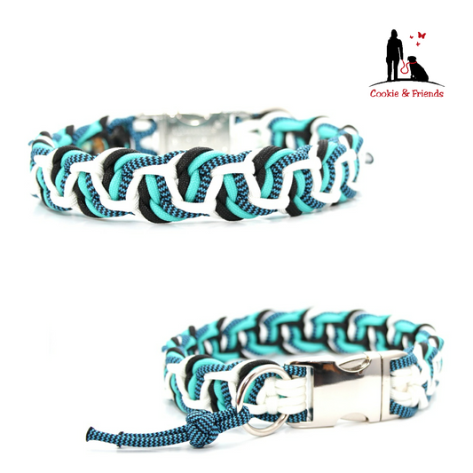 Paracord Halsband Dance - Farben: Schwarz, Dark Cyan, Weiß, Shockwaves Türkis