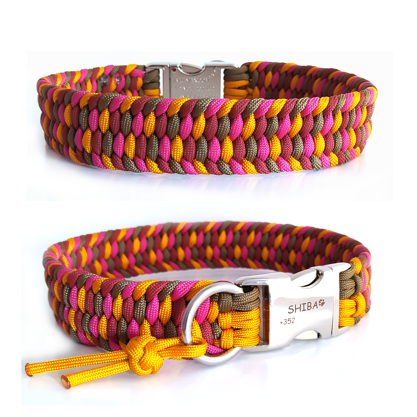 Paracord Halsband Farbrausch - Farben: Goldenrod, Crimson, Coyote Brown, Fuchsia