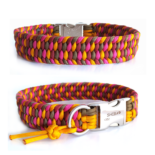 Paracord Halsband Farbrausch - Farben: Goldenrod, Crimson, Coyote Brown, Fuchsia