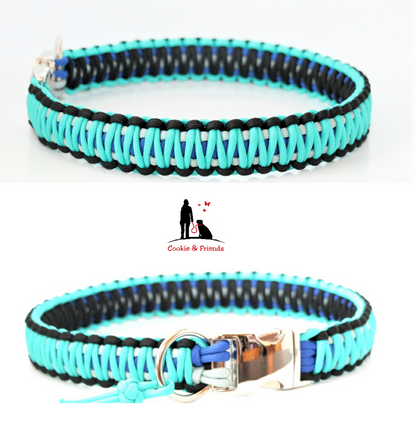 Paracord Halsband King Cobra - Farben:  Electric Blue, Schwarz, Silvergrey, Bright Türkis