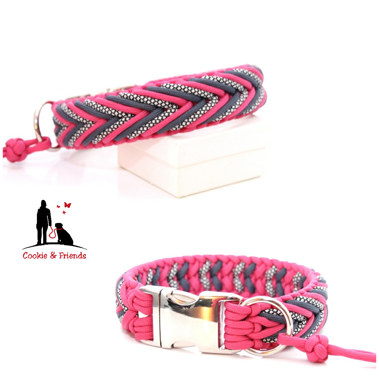 Paracord Halsband Arrow - Farben: Fuchsia, Silver Diamonds, Navy Blue