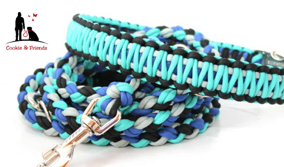 Paracord Halsband King Cobra - Farben:  Electric Blue, Schwarz, Silvergrey, Bright Türkis