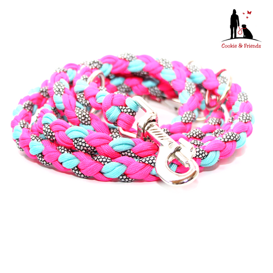 Paracord Leine - Maxi - Farben: Neon Pink, Türkis, Silver Diamonds