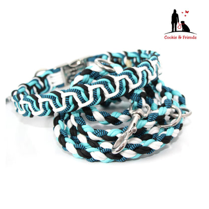 Paracord Halsband Dance - Farben: Schwarz, Dark Cyan, Weiß, Shockwaves Türkis