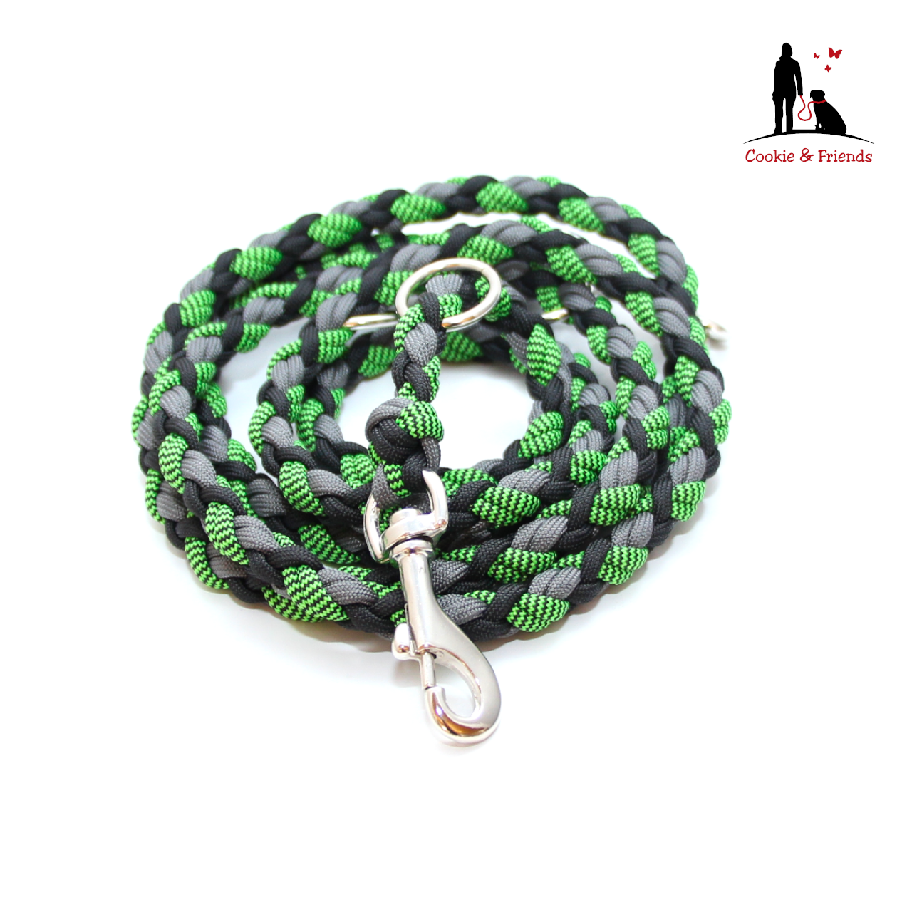 Paracord Leine - Medi - Farben: Schwarz, Shockwaves Green, Charcoal Grey