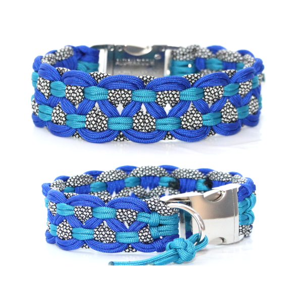 Paracord Halsband Big Wave - Farben: Electric Blue, Silver Diamonds, Caribbean Blue
