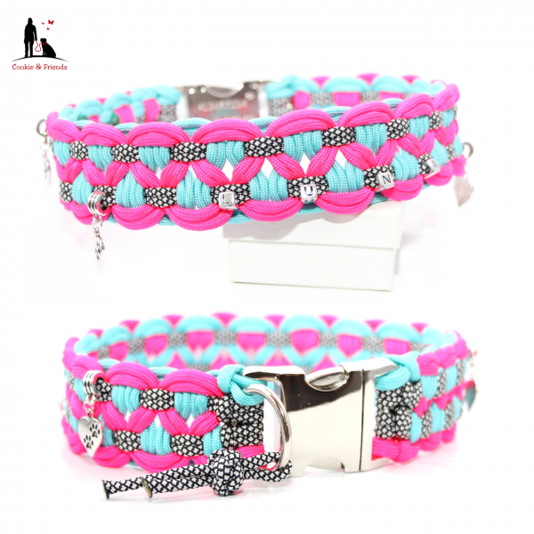 Paracord Halsband Big Wave - Farben: Neon Pink, Silver Diamonds, Türkis